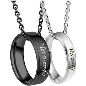 Matching Necklaces for Couples-His Crazy Her Weirdo Engraved Ring Pendant
